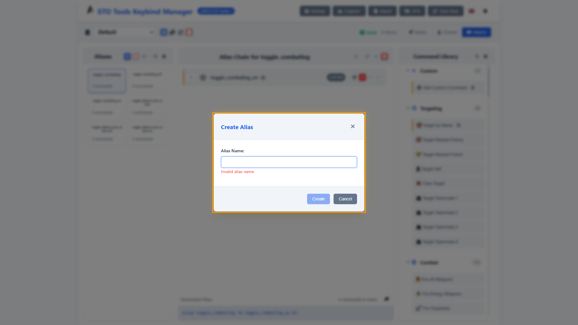 Add new alias button/dialog showing alias name input and command chain builder