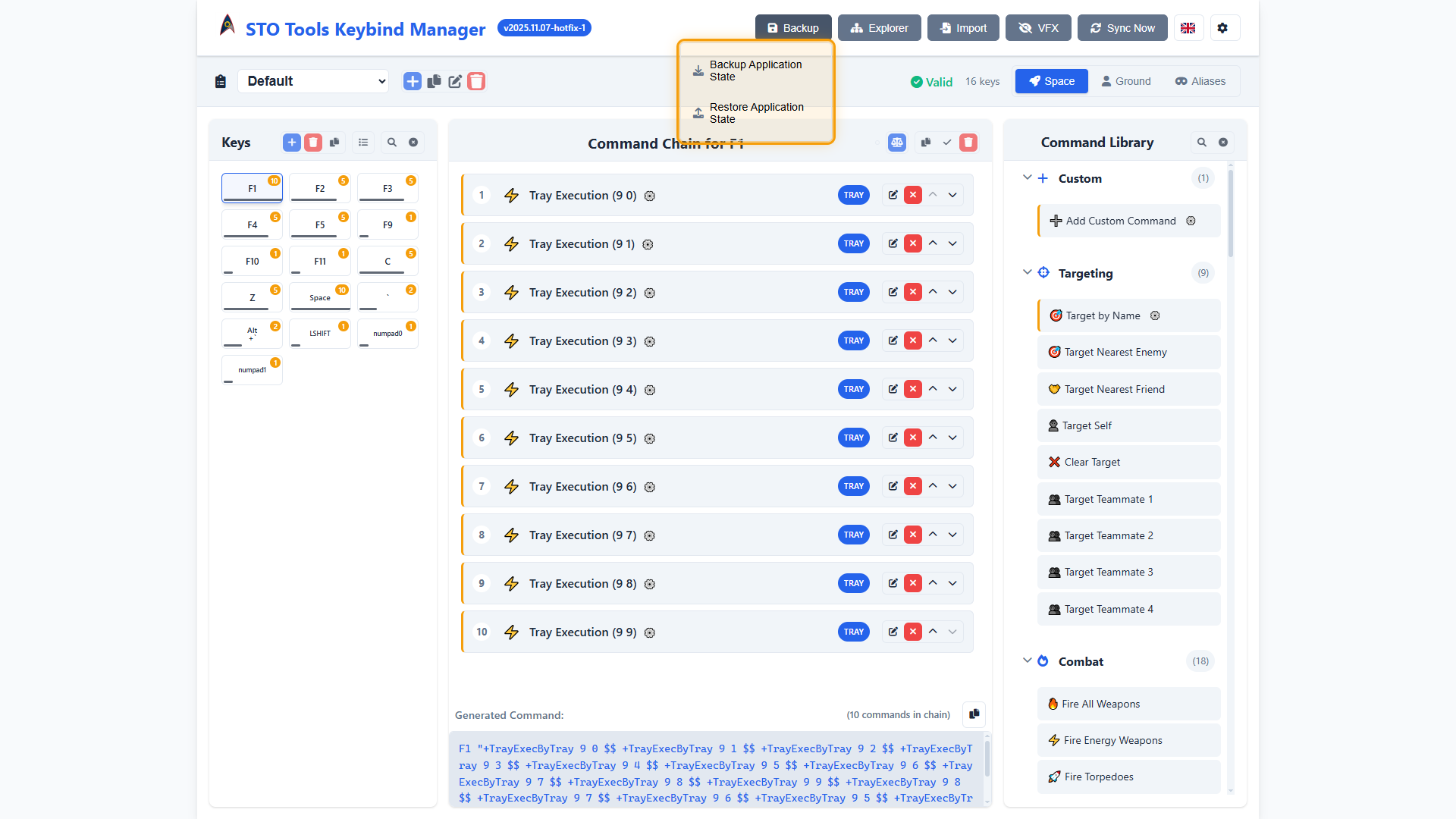 Backup menu showing Backup and Restore options