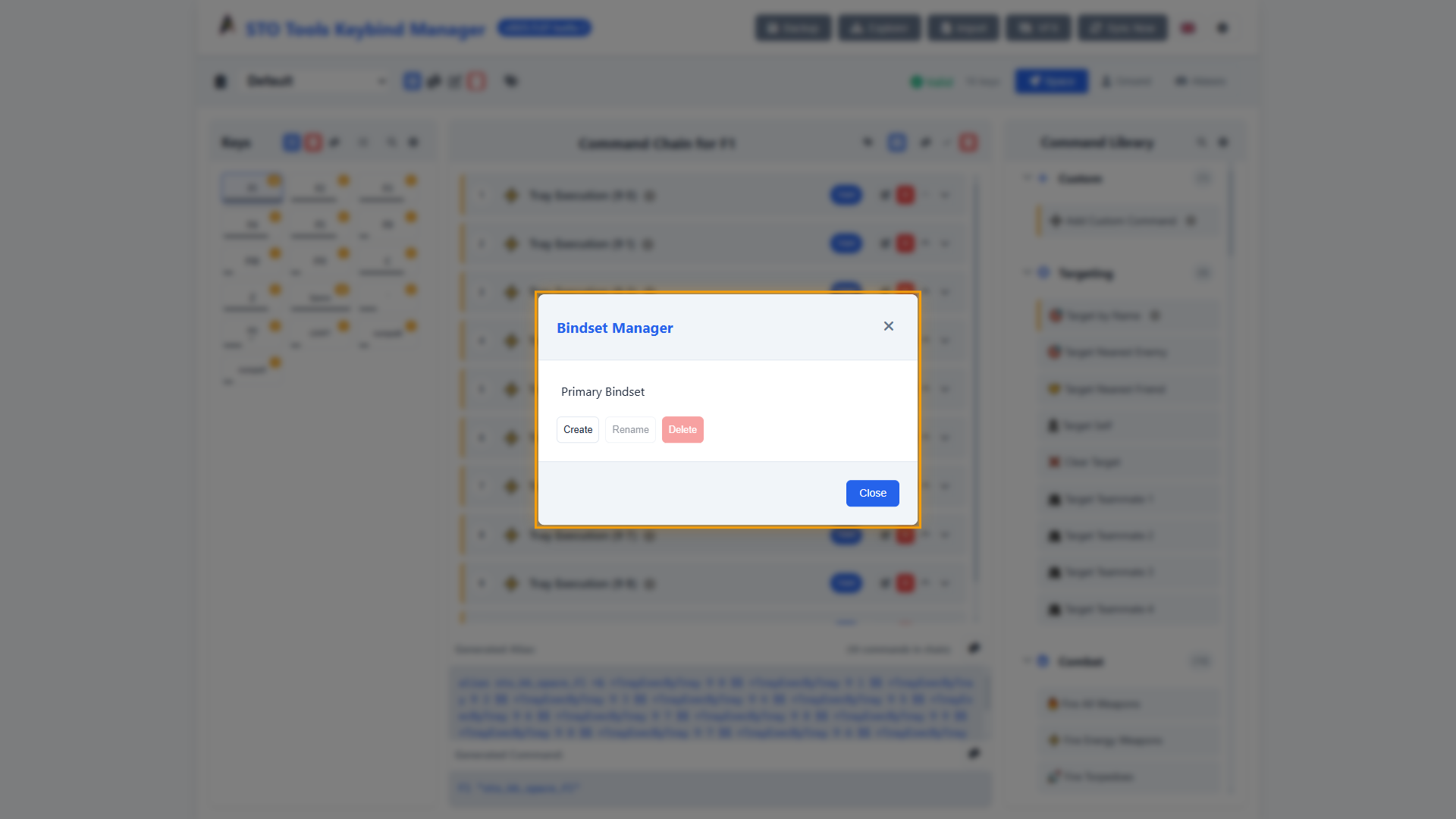 Bindset manager showing list of bindsets with create/edit/delete options