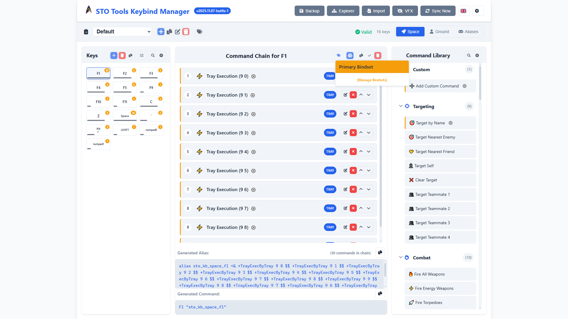 Bindset selector UI showing dropdown with Primary Bindset and other bindsets