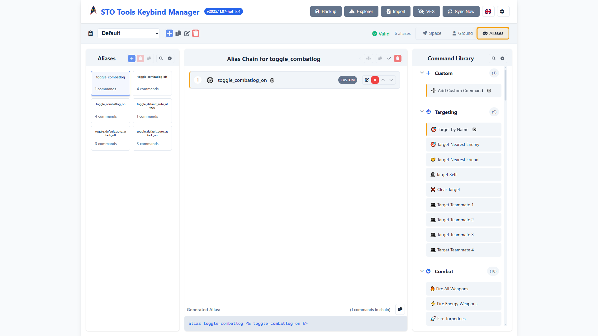 Alias mode active, showing the alias browser interface