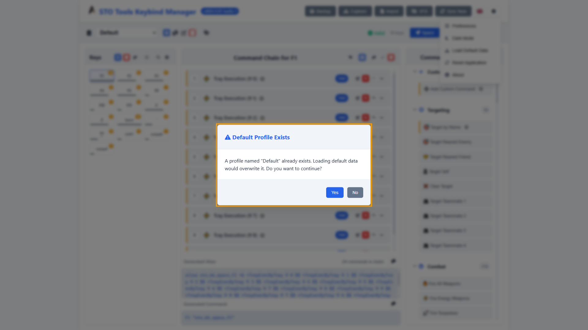 Load default data confirmation dialog warning about overwriting existing profiles