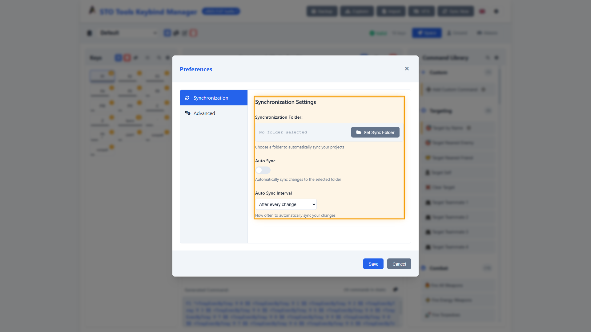 Sync settings panel showing sync folder configuration and auto-sync options
